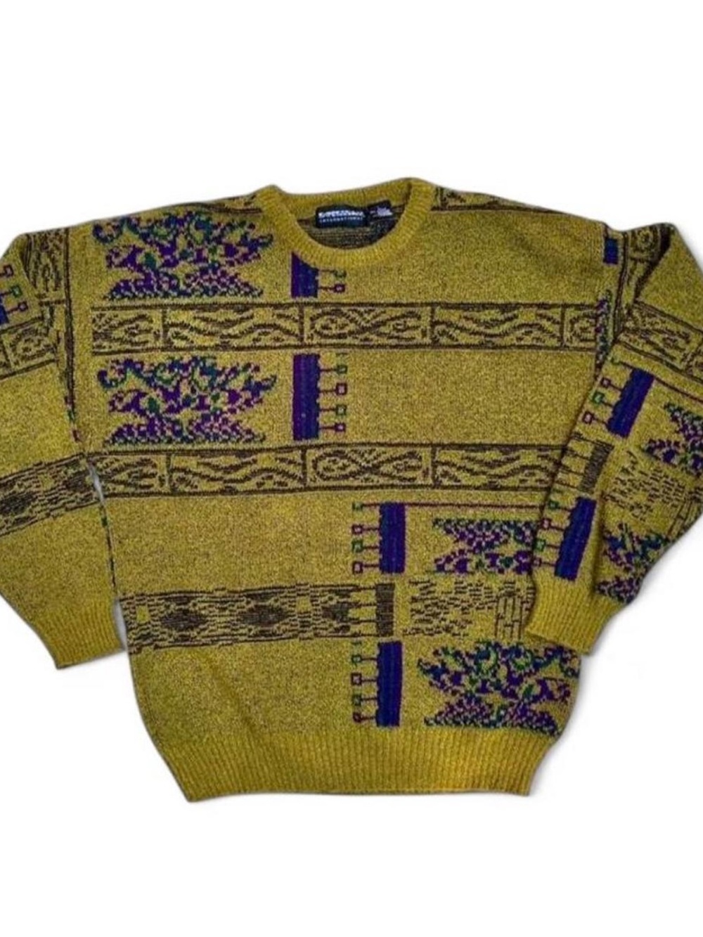 Vintage Expressions 90s Grandpa Sweater W/Green Purple & Brown Abstract Design